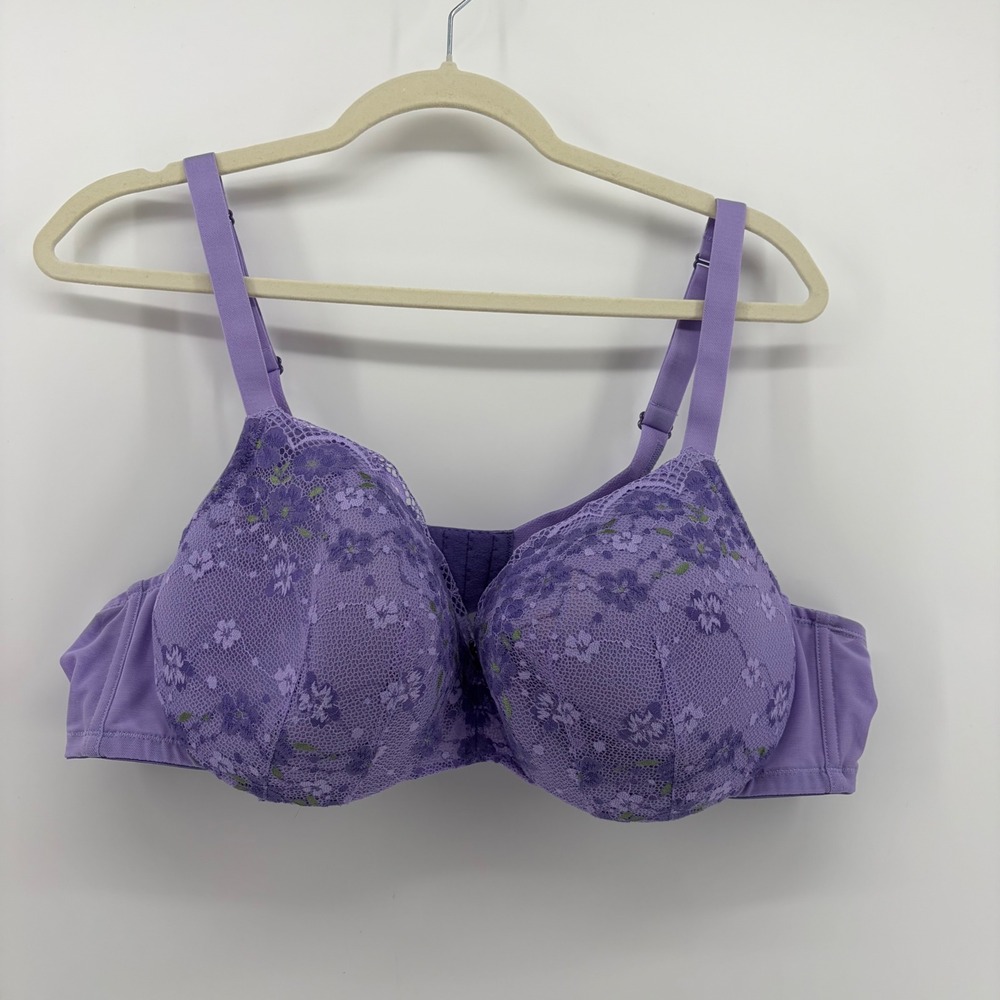 Cacique Womens 46B Purple Floral Lace Smooth Balconette Underwire Bra